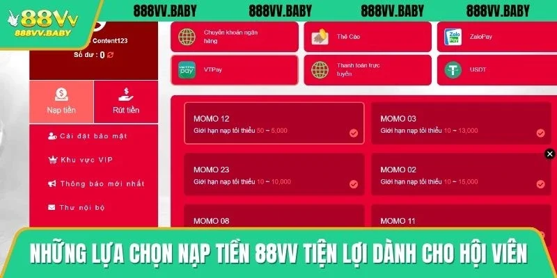 Những lựa chọn nạp tiền 88VV tiện lợi dành cho hội viên